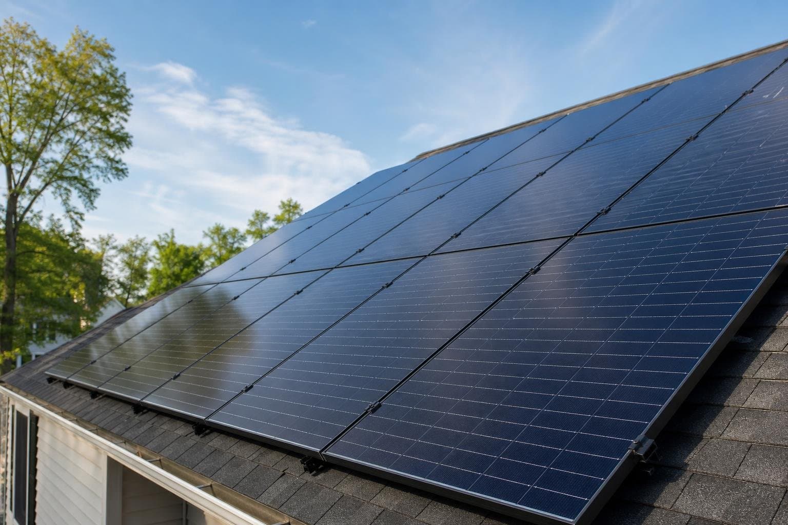 Close-up of rooftop solar panels on a residential home in Stamford, Connecticut, with warm daylight and clear sky reflections.
