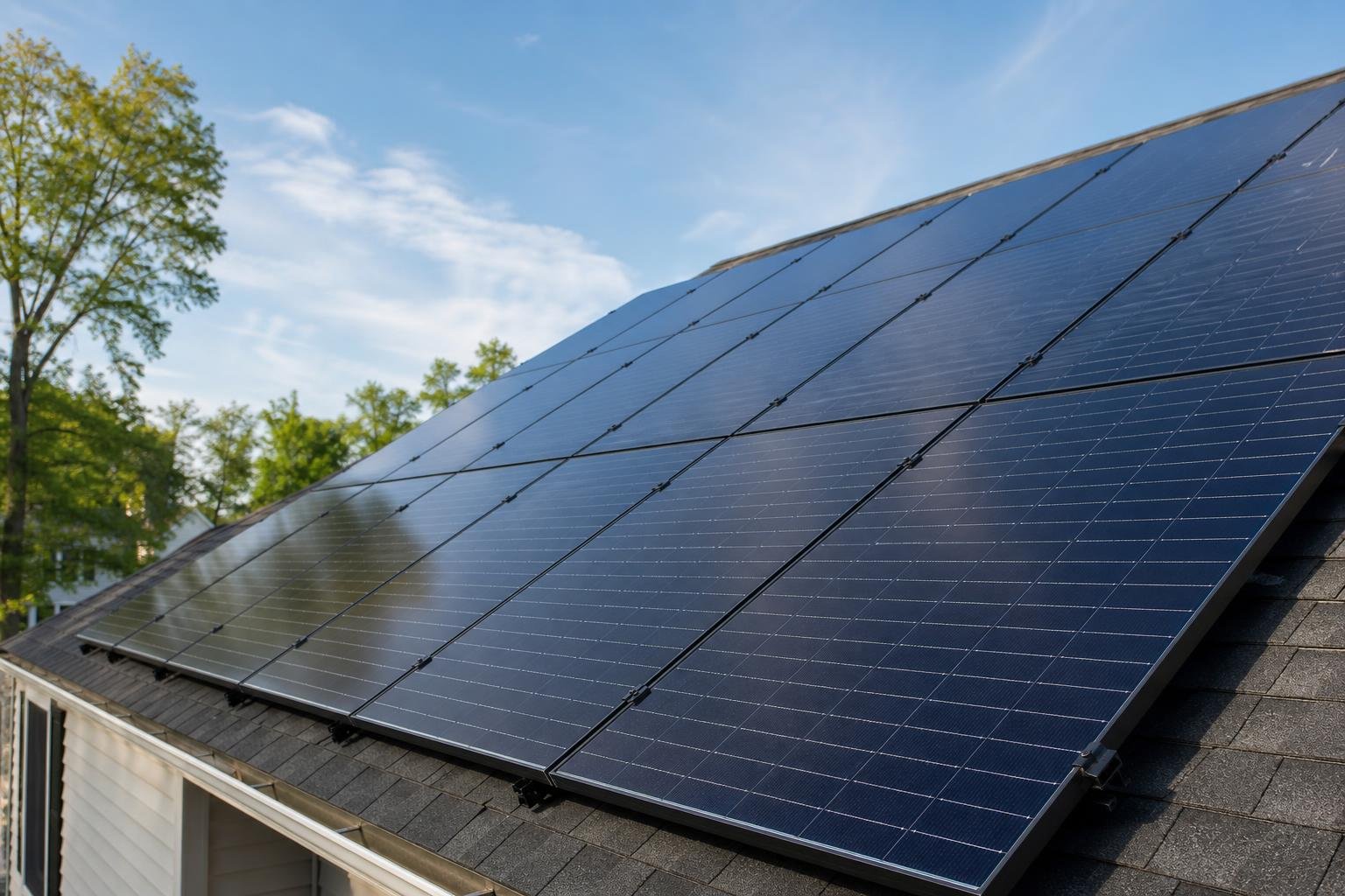 Close-up of rooftop solar panels on a residential home in Stamford, Connecticut, with warm daylight and clear sky reflections.