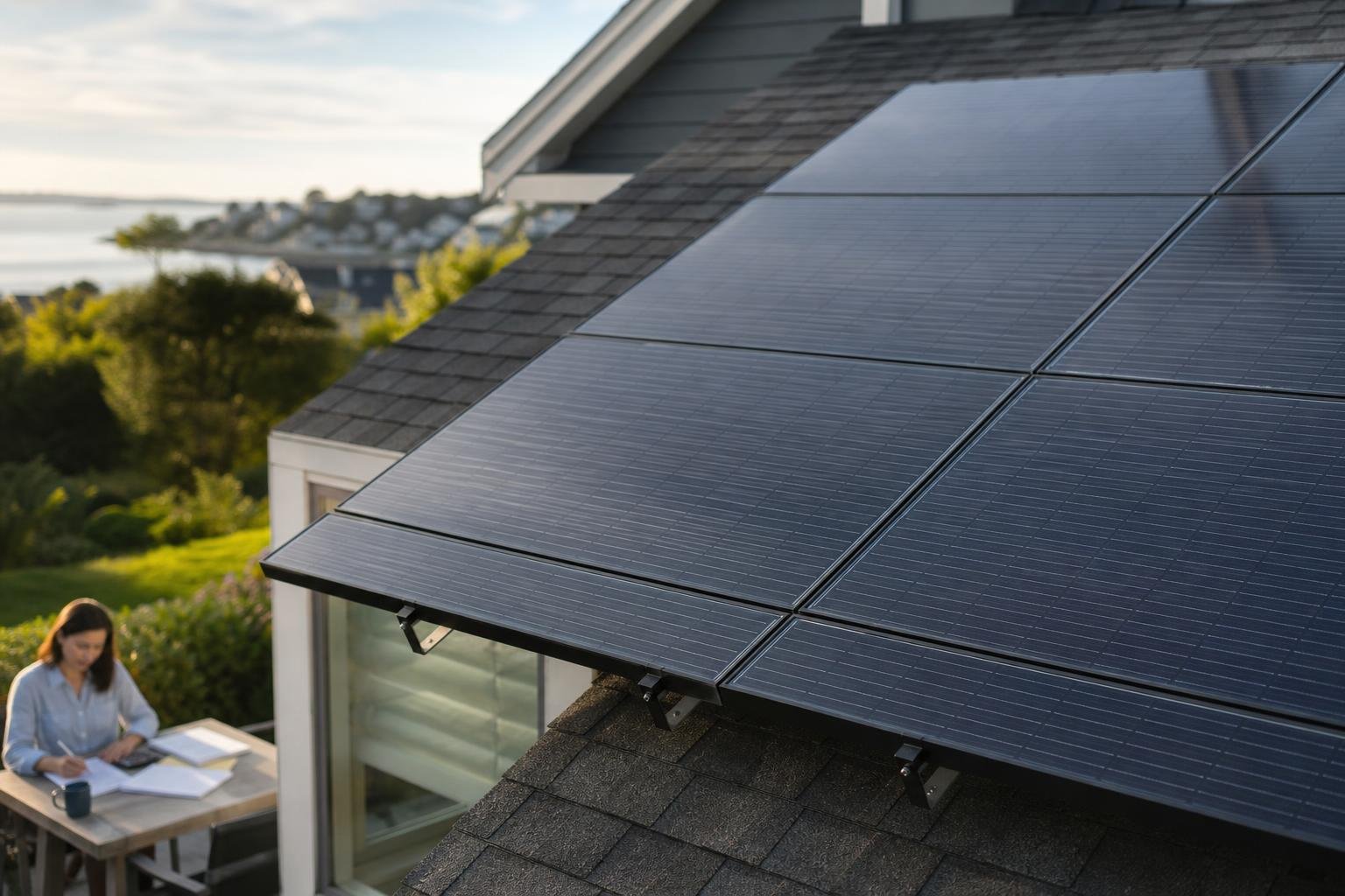 Residential solar panels in close view with a homeowner blurred in the background reviewing paperwork, suggesting solar incentive planning.